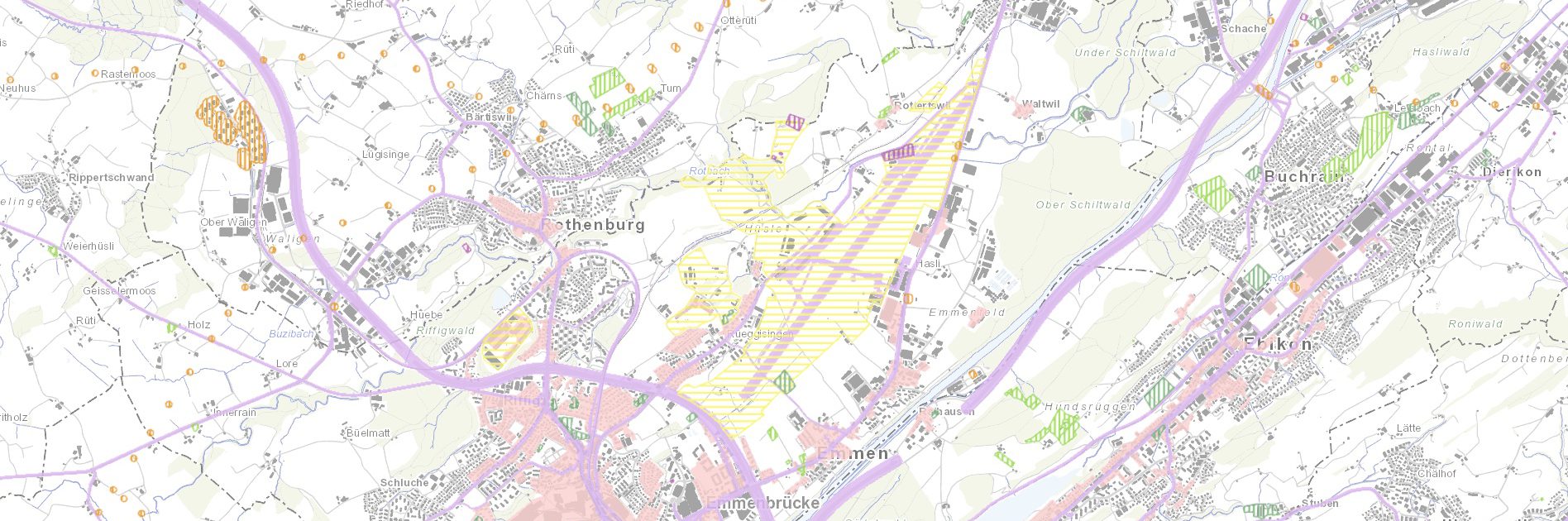 Landkarte des Kantons Luzern, in die Schadstoffbelastung der Böden eingetragen ist